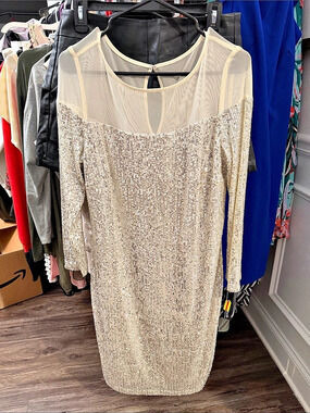 Sequin Sheer Yoke Midi Dress in Beige & Silver Like New